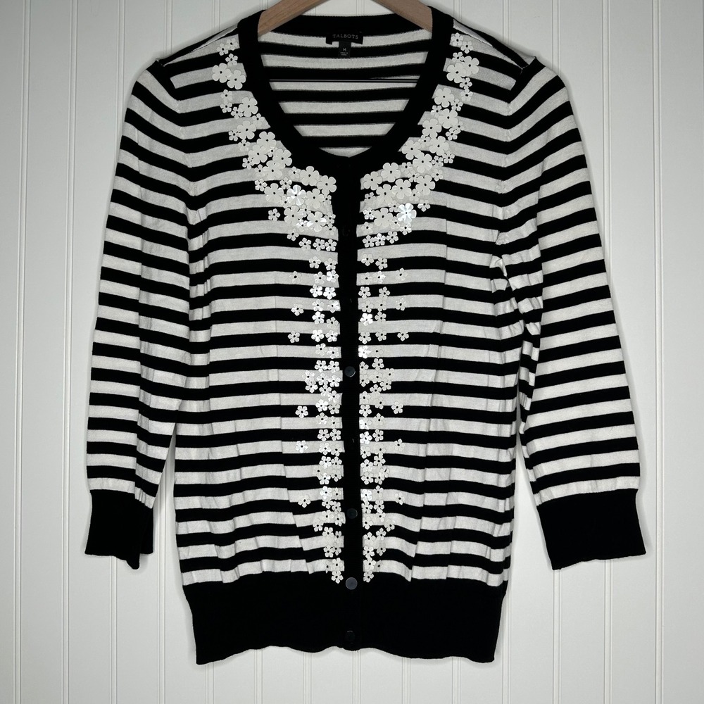 Talbots Womens Cardigan M Black White Stripe Floral Sequin Applique Sweater
